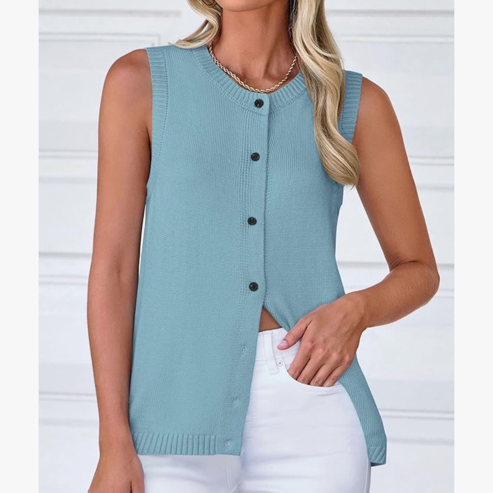 Prettygarden  Sleeveless Blue Button-Up vest top
